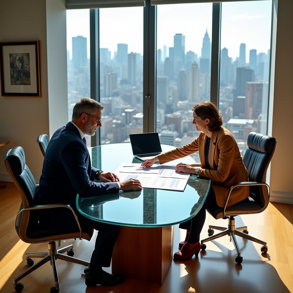 Consulente che presenta analisi a cliente in ufficio con vista panoramica sulla città