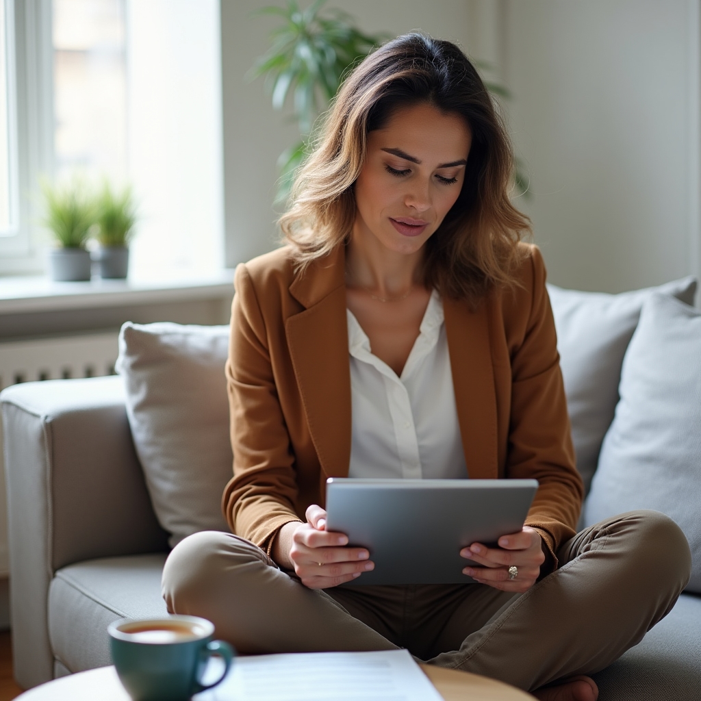 Professionista concentrato che studia materiali del corso su tablet in ambiente di lavoro tranquillo