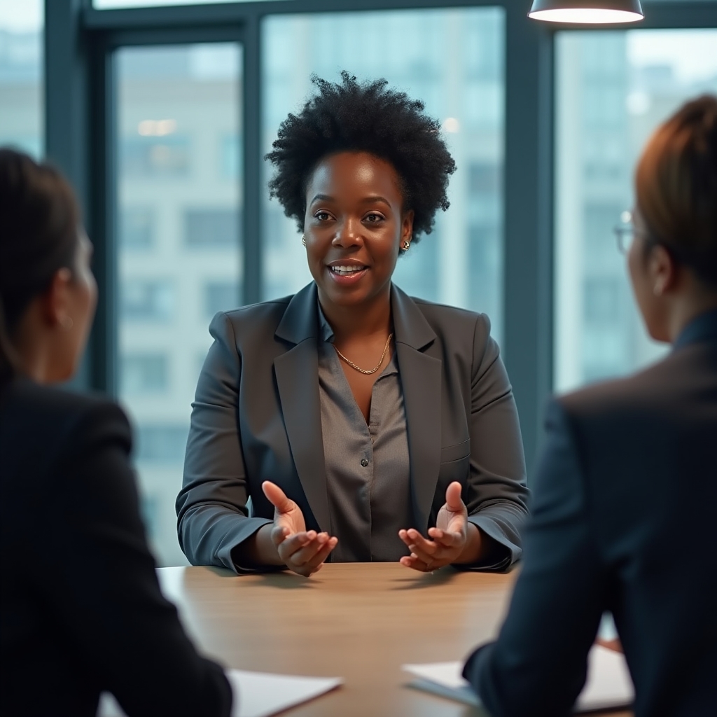 Manager donna che guida una discussione di team in sala riunioni moderna