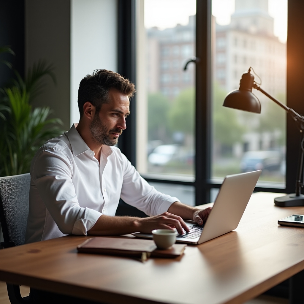 Professionista che accede al corso online su laptop in ufficio luminoso