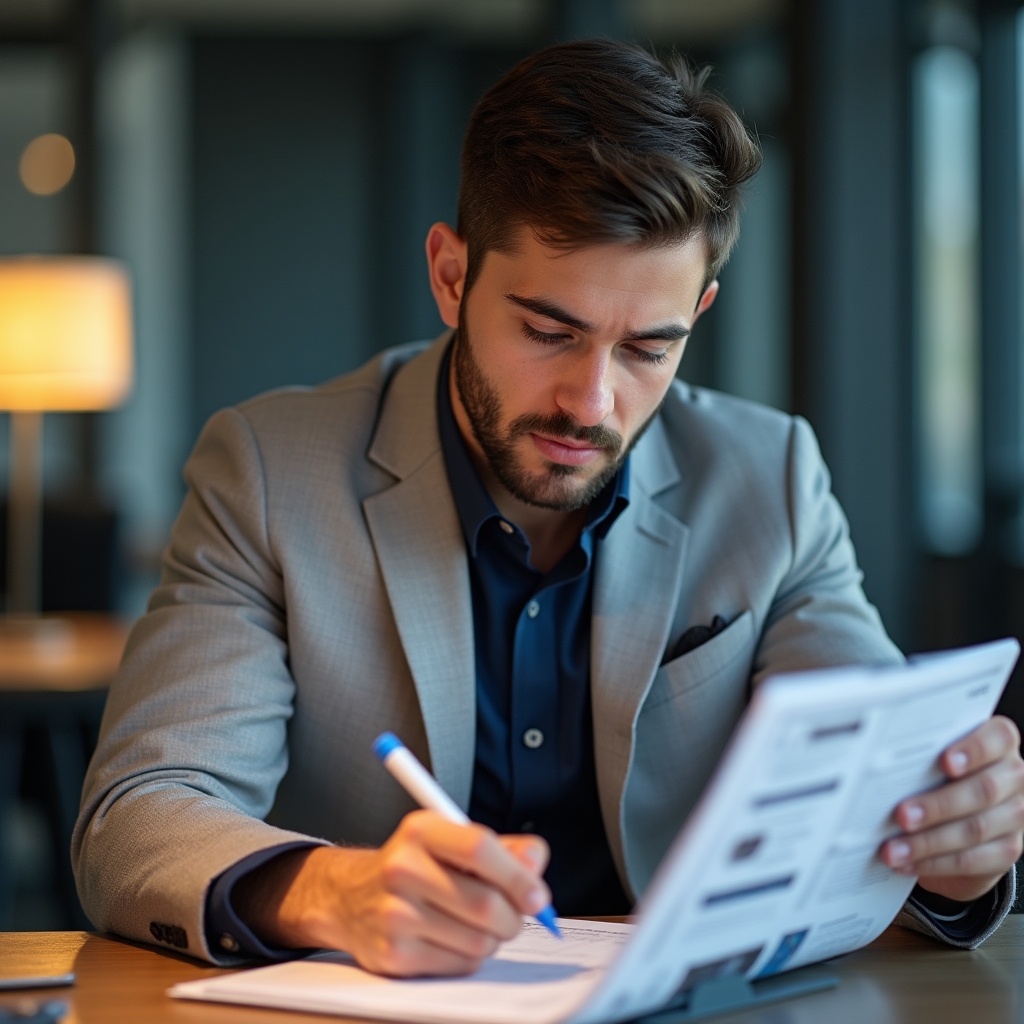 Giovane professionista che studia materiali di sviluppo professionale alla scrivania